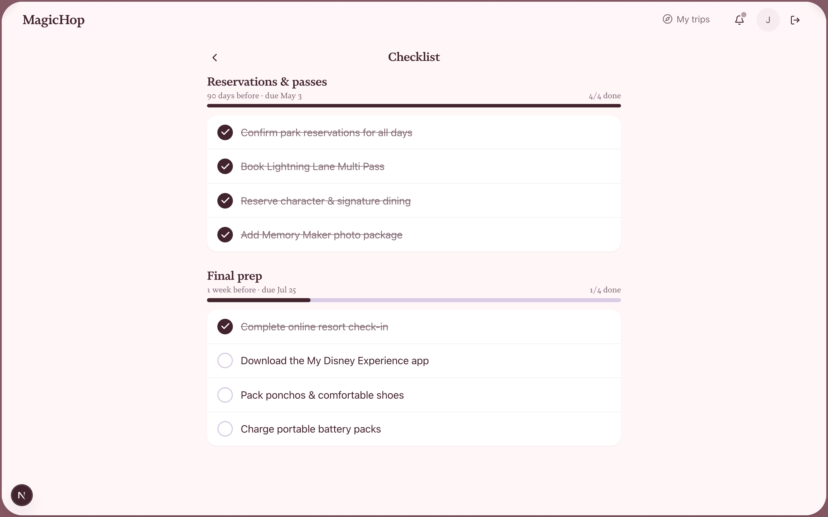 A traveler's pre-trip checklist in MagicHop, with reservations done and final prep underway
