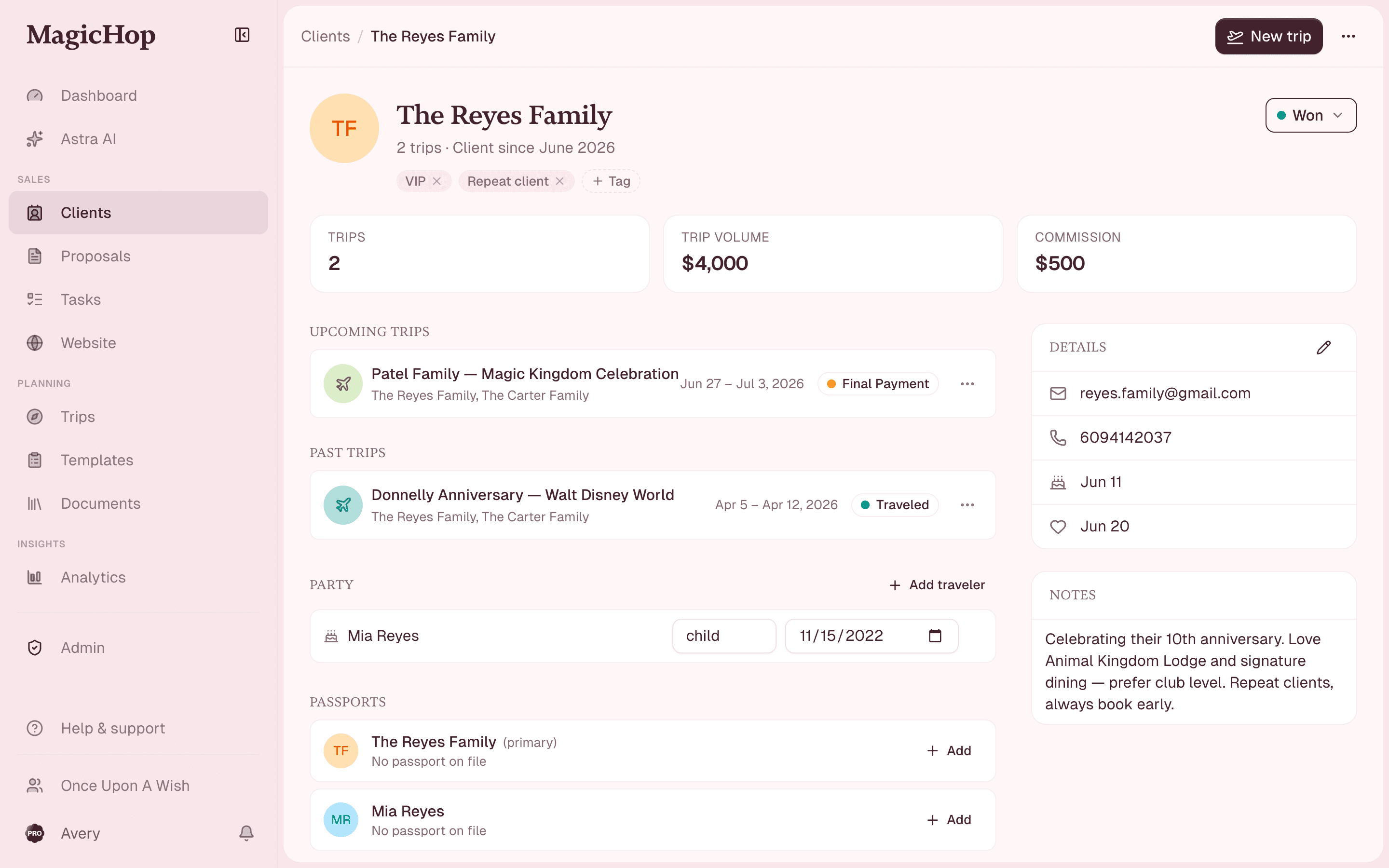 A client profile in MagicHop showing trips, commission, party, passports, and tags
