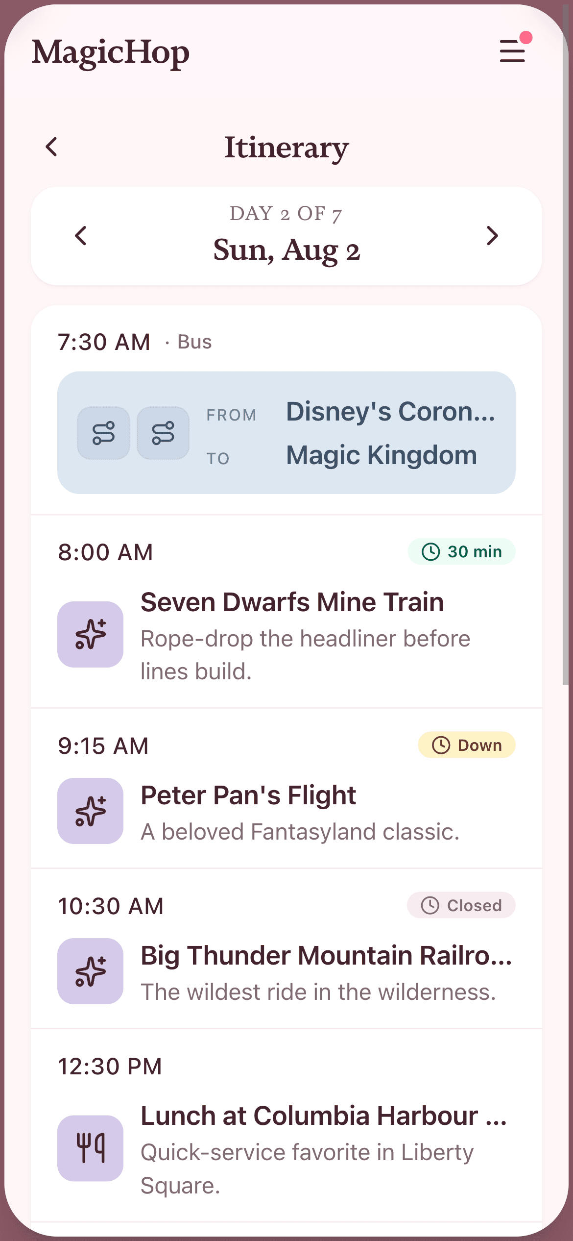 A day-by-day itinerary on a phone