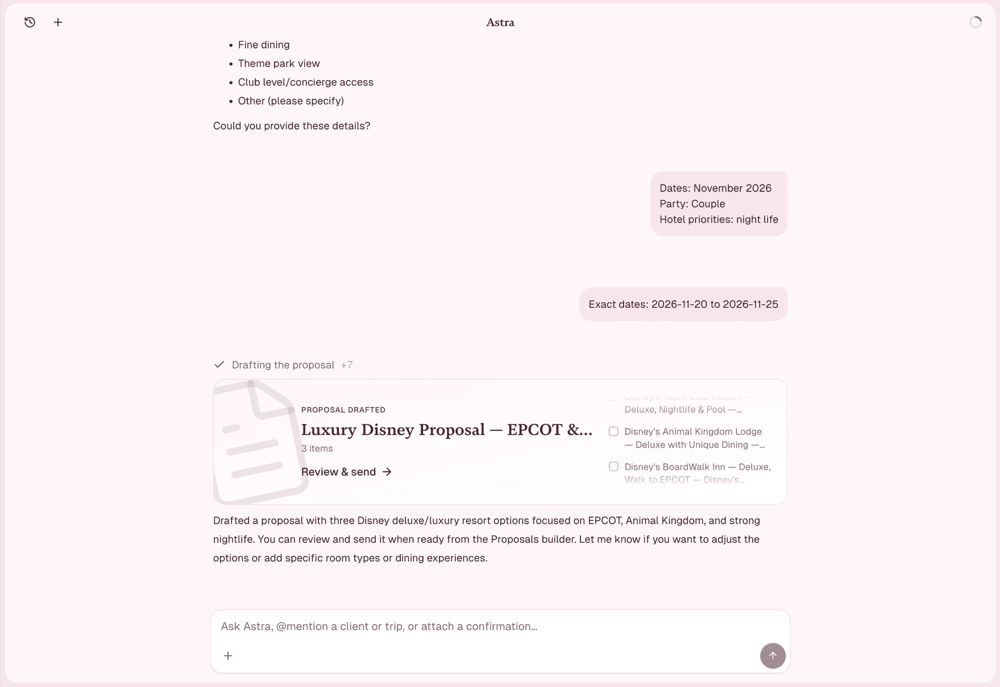 Astra drafting a Disney trip proposal from a short chat