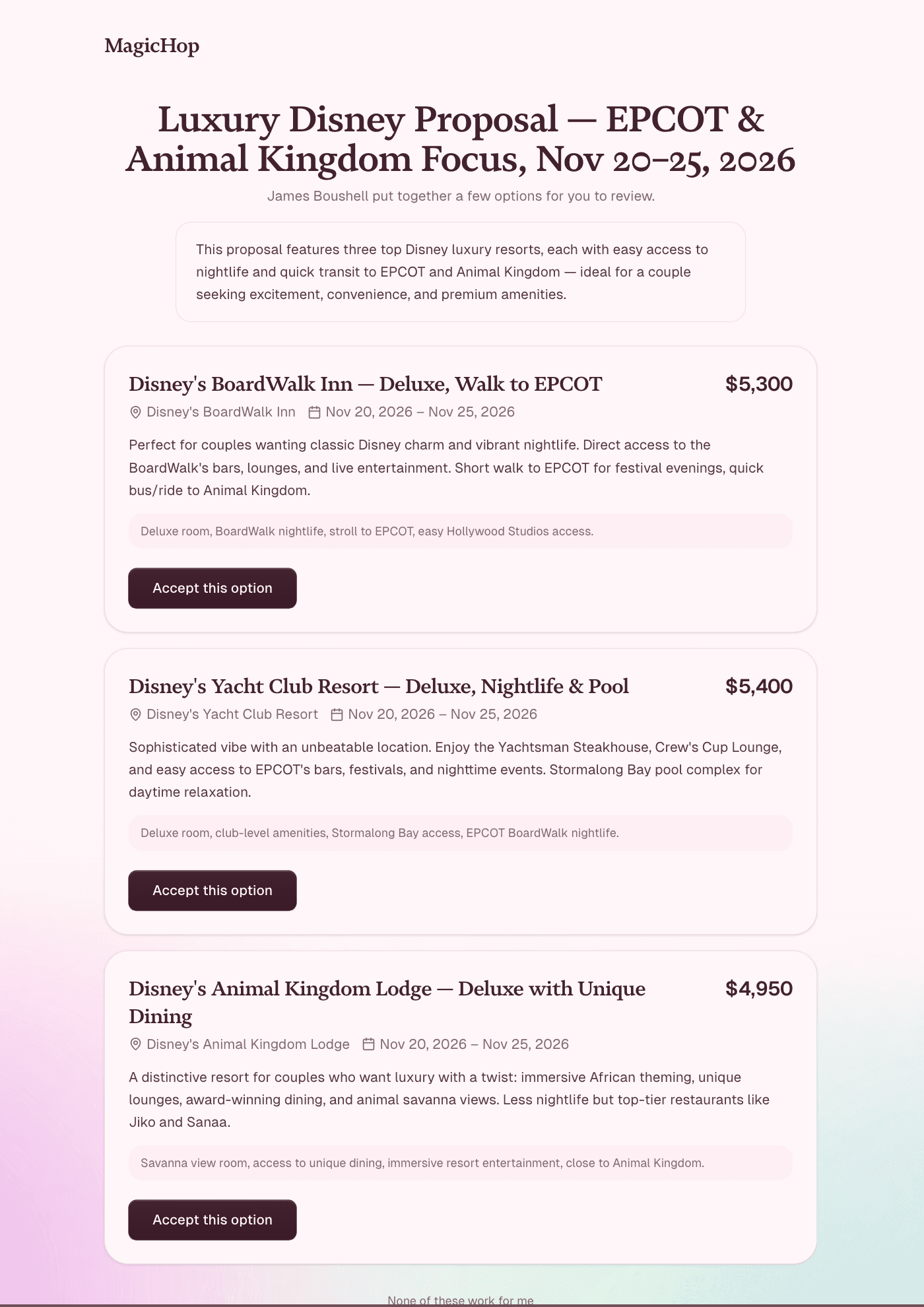 The client view of a proposal with resort options to accept
