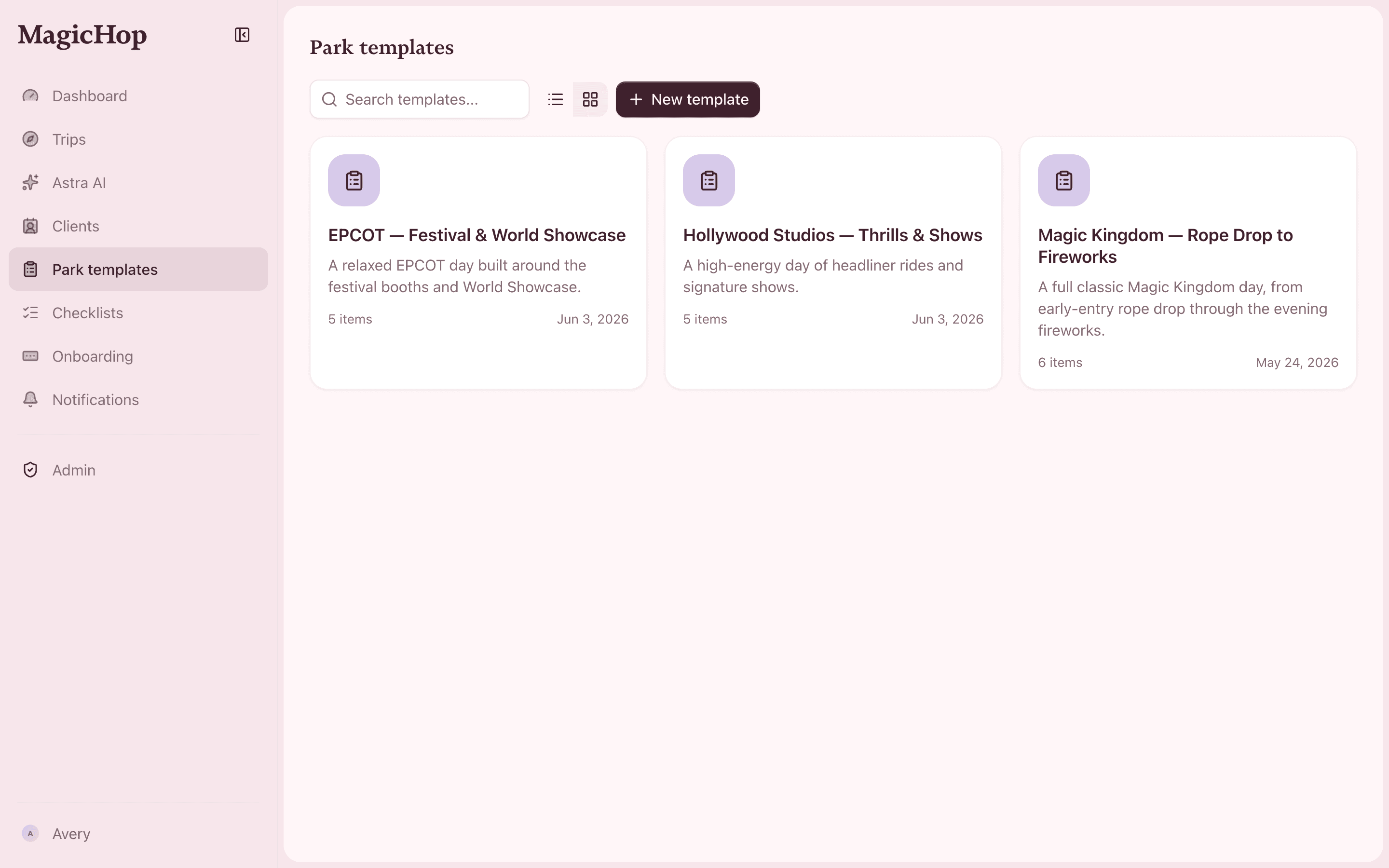 Park templates in MagicHop